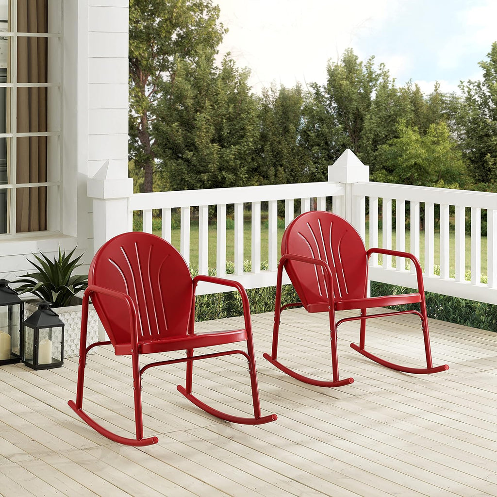 Griffith Retro Metal Outdoor Rocking Chairs, Set of 2, for Porch, Deck, Balcony, Backyard, Bright Red Gloss