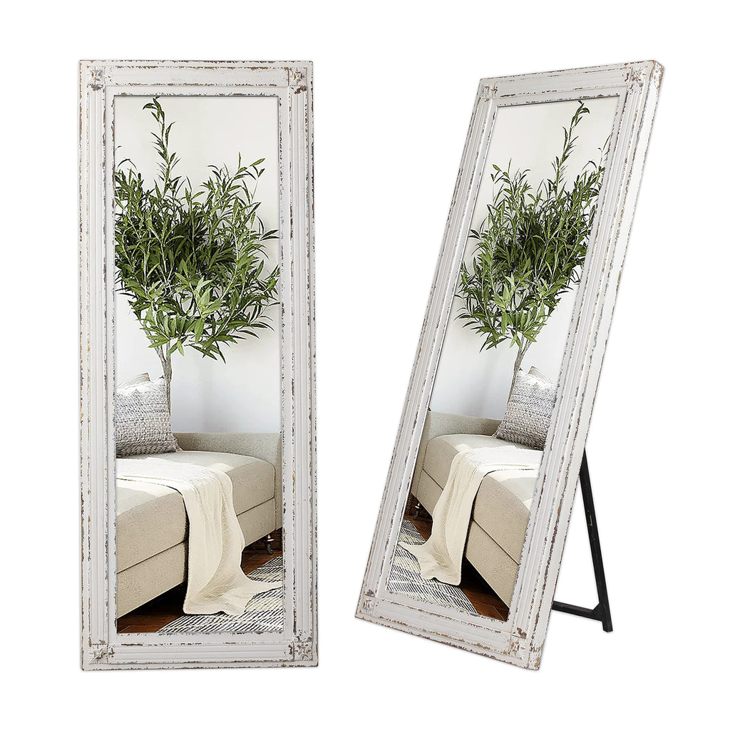 Rustic Full Length Mirror with Stand 60" x 24", Distressed White