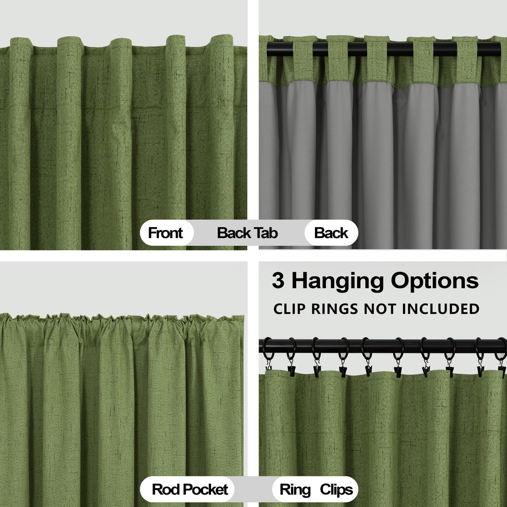 108 Inch Long Olive Green Linen Boho Back Tab Blackout Curtains Living Room 2 Panels Set