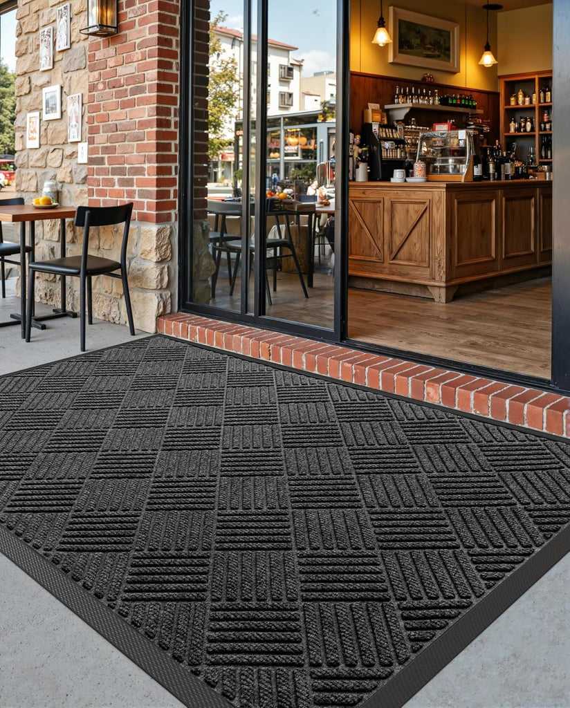 Front Door Mat Outside Entrance 24x36 Rubber Entry Doormat Black | Heavy Duty, Welcome Mats Non Slip, Dirt Trapper