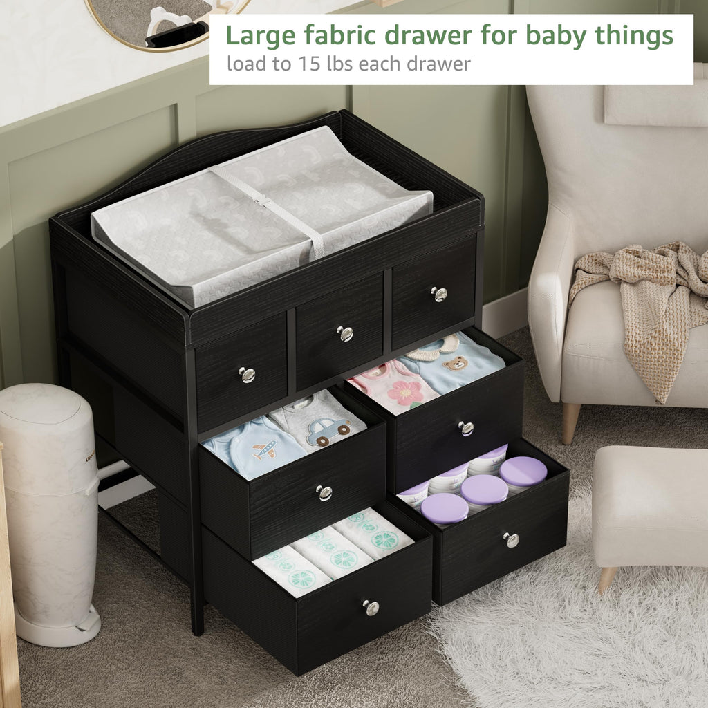 Changing Table Dresser with Storage, Baby Dresser with Changing Table Top Diaper Changing Station with 7 Fabric
