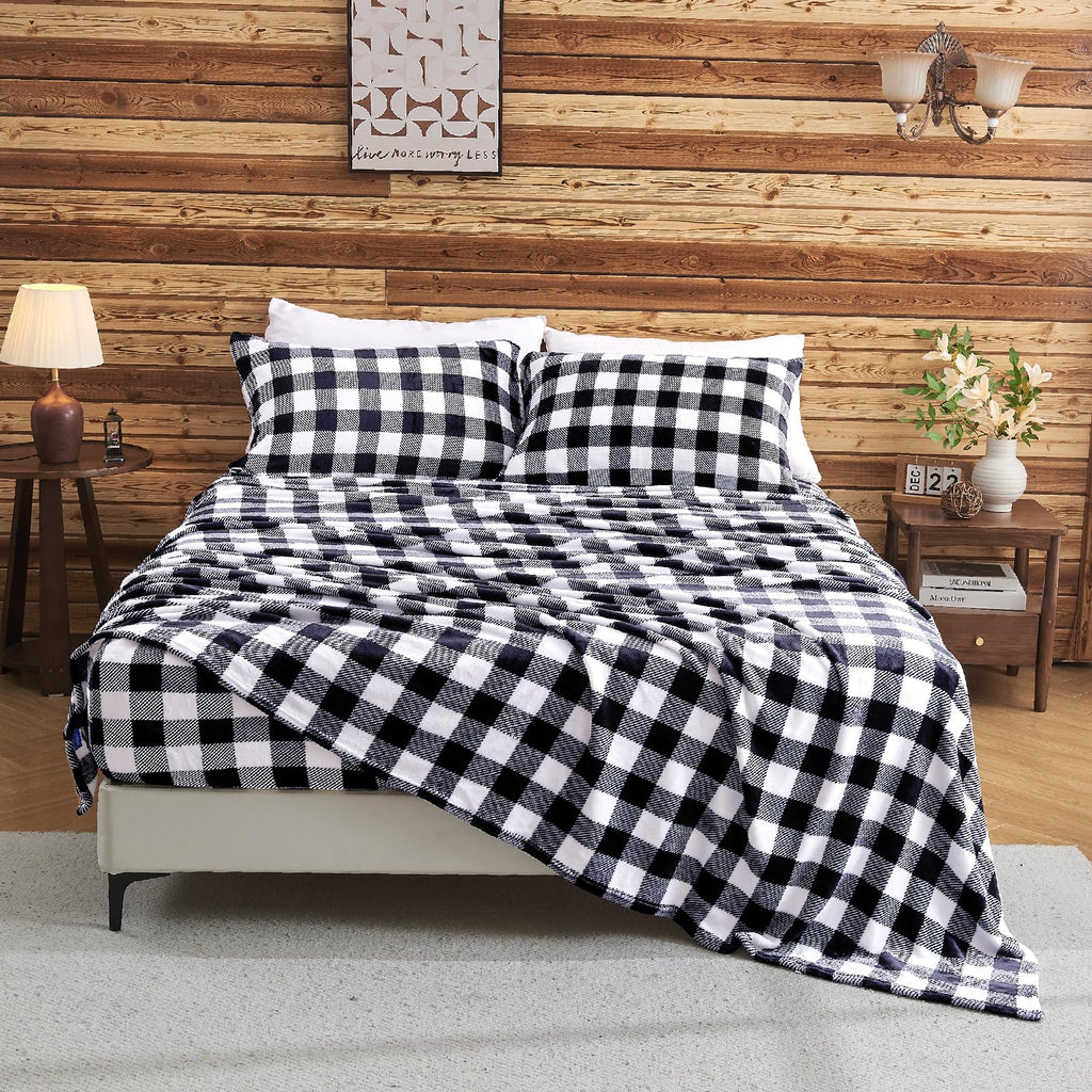 Plaid Flannel Sheet Set, Black and White, 3 Pieces