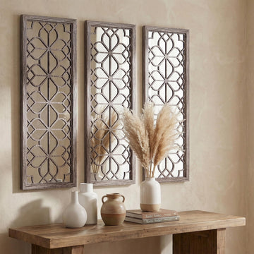 Set of 2 16x41.5 Inch Large Carved Floral Wood Frame Wall Mirrors, Shatterproof Boho Farmhouse Rustic Accent Mirrors