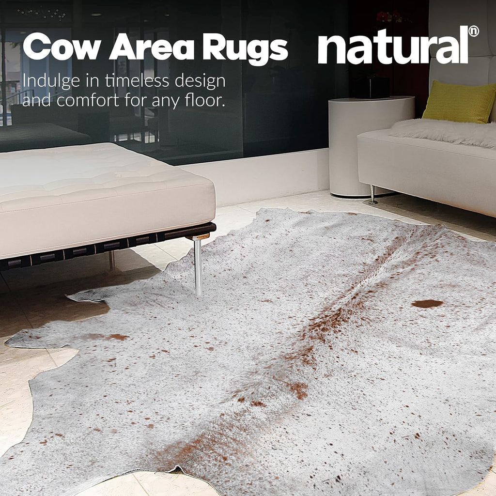 Kobe Cowhide Area Rug, Salt and Pepper White Brown, 5x7 ft | Low Pile, Shed-Resistant, Brazilian Tannery Leather
