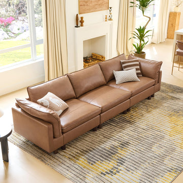 127" Genuine Leather Sofa, Large Sectional Couches, 3 Seater, Saddle