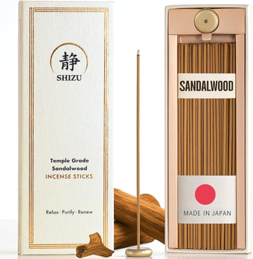 Sandalwood Incense Sticks - Artisanal Temple Grade Japanese Incense with Brass Holder - Subtle, Calming Scent - Set of 60