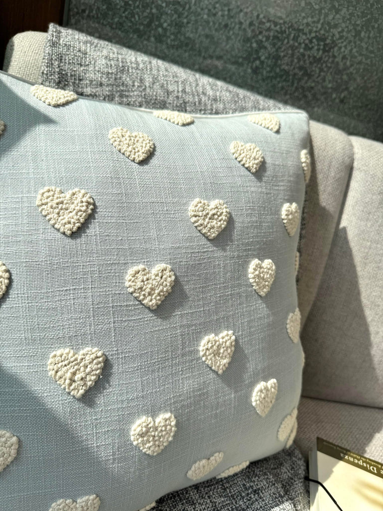 Embroidered Tufted Heart 18x18 Throw Pillow Cover, Robins Egg