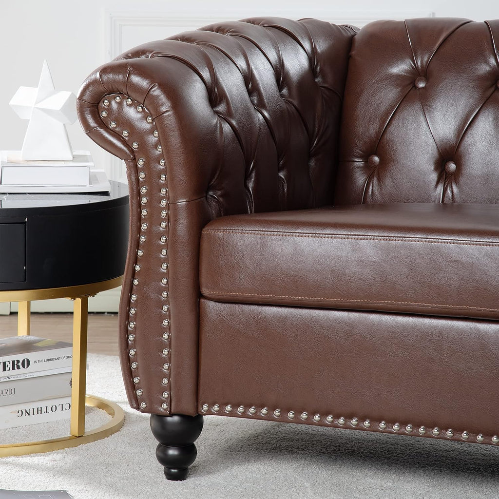 Leather Chesterfield Chair, Mid-Century Modern Single Sofa Chair, Tufted Upholstered Rolled Armchair Bedroom Reading