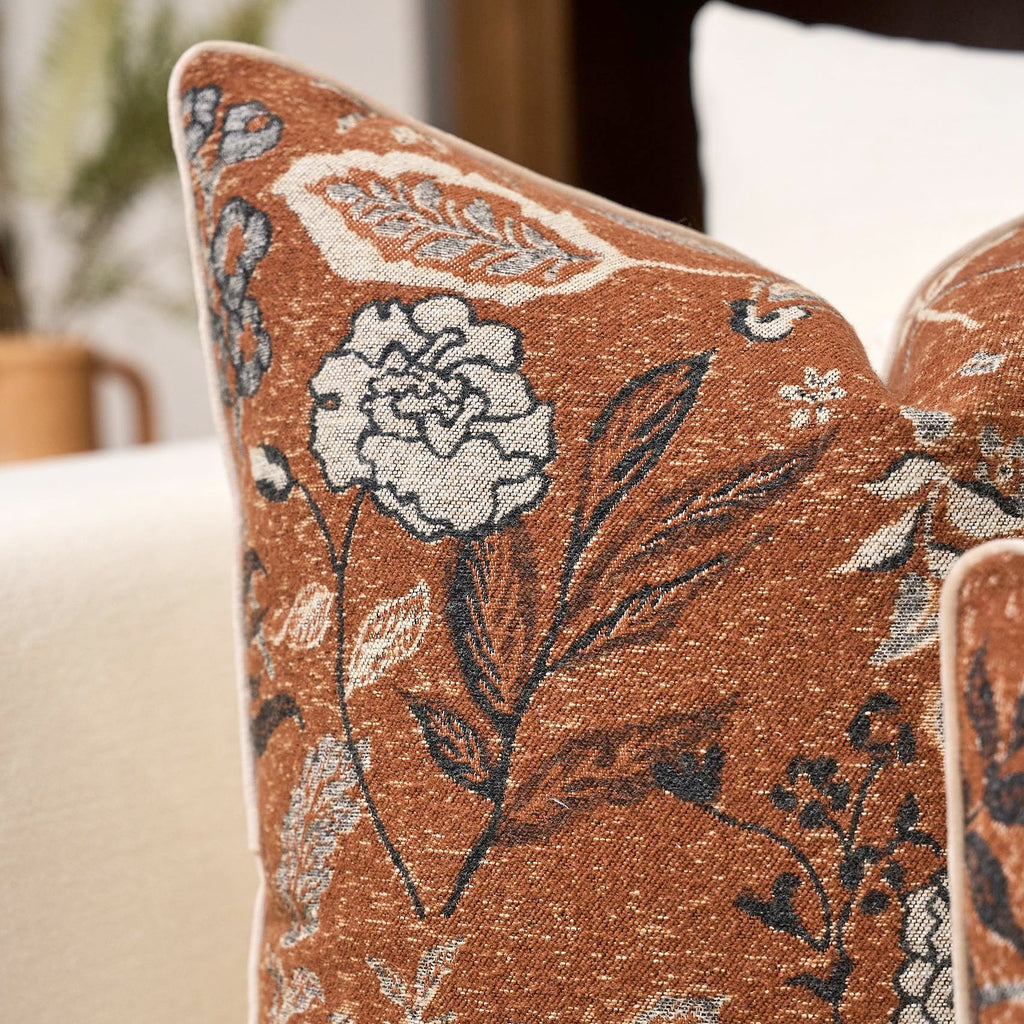 Rust Orange Floral Textured Lumbar Throw Pillow Cover 12x20 Fall Vintage Accent Pillow Cover Farmhouse Cushion Cover