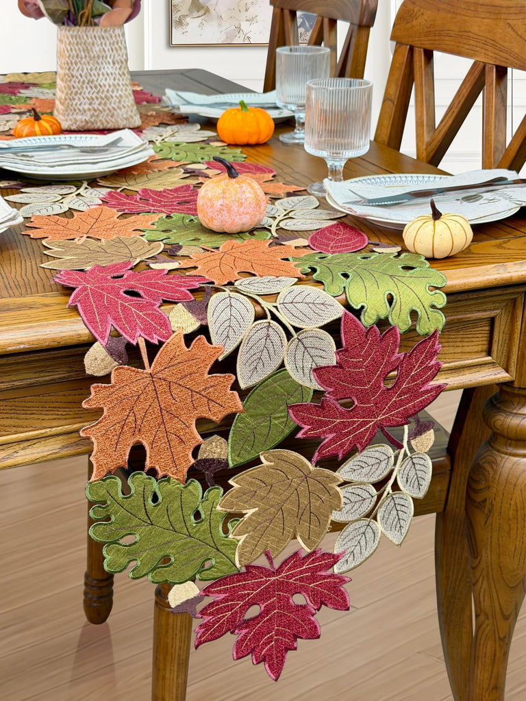 Fall Table Runner 72inches Long, Harvest Embroidered Thanksgiving Autumn Maple Leaves Table Runner 13x72 inch for