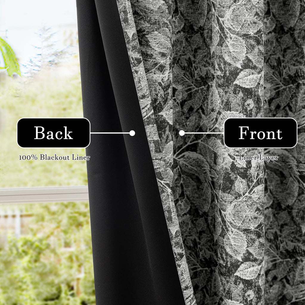 100% Black Blackout Floral Curtains 96 Inches Long 2 Panels