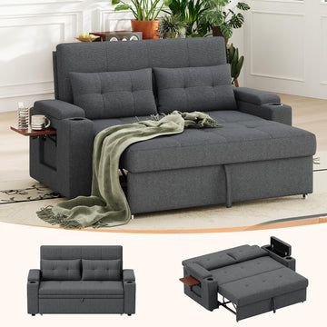 65'' Convertible Futon Sofa Bed, Fabric Pull Out Couch, Dark Grey | 3-in-1 Loveseat Sleeper Sofa with Adjustable