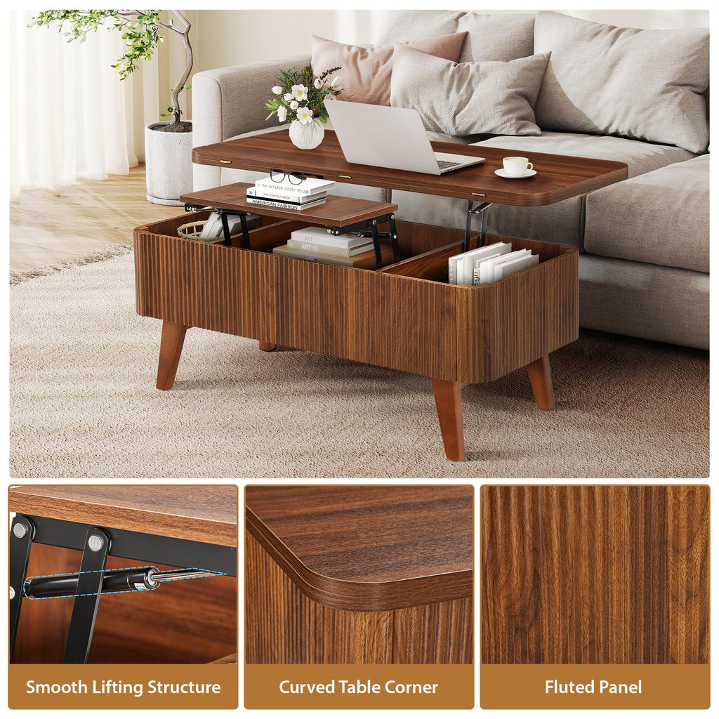 3 in 1 Lift Top Coffee Table, Fluted Convertible Coffee Tables Converts to Dining Tables, Modern Oval Wooden Center