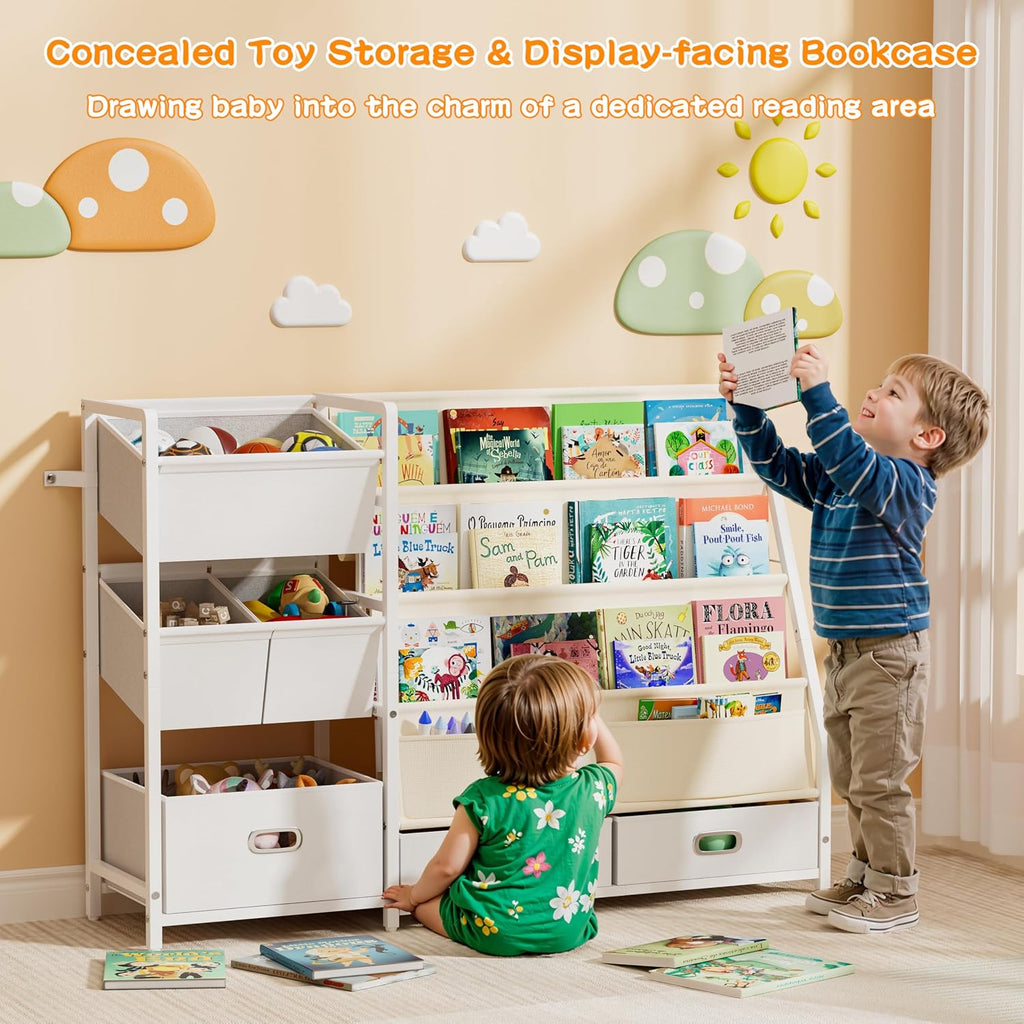 Kids Bookshelf and Toy Storage with 6 Toy Bins - Book Shelf for Kids Rooms | Toddler Bookshelves Baby Bookcase