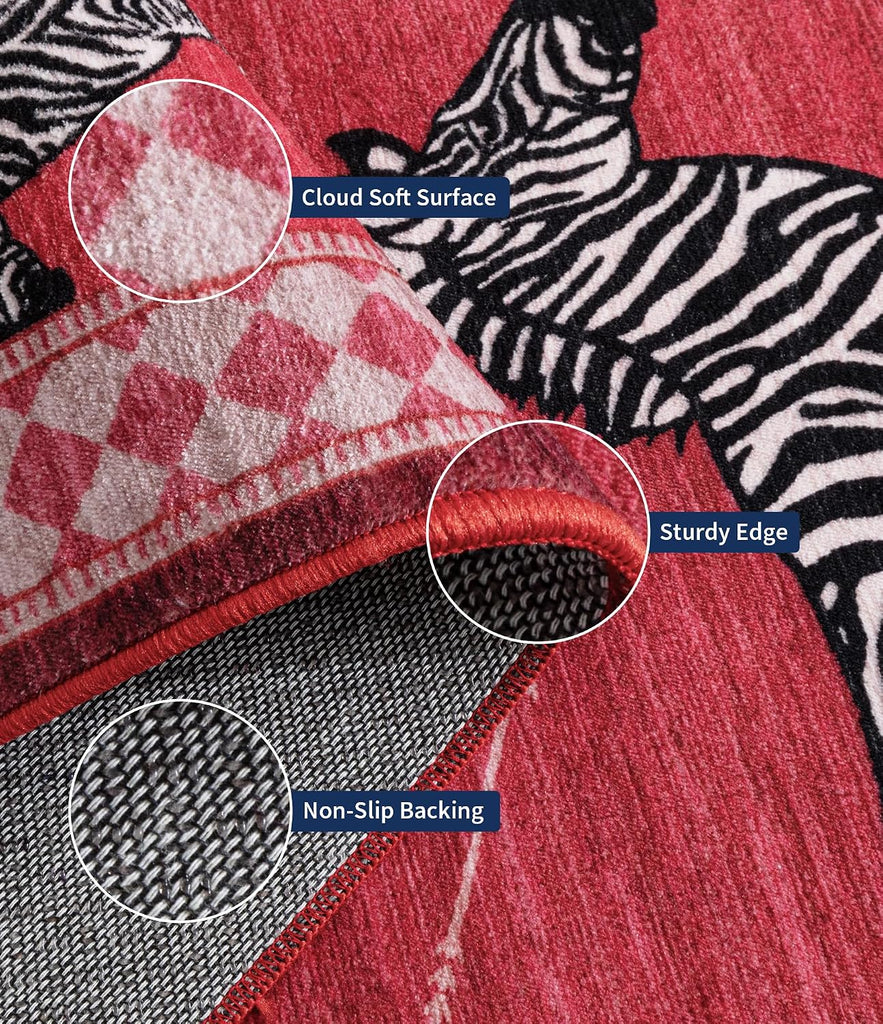 Red Zebra Area Rugs, Washable Animal Print Rug with Checkered Border, Non-Slip Low Pile Mid-Century Modern Carpet