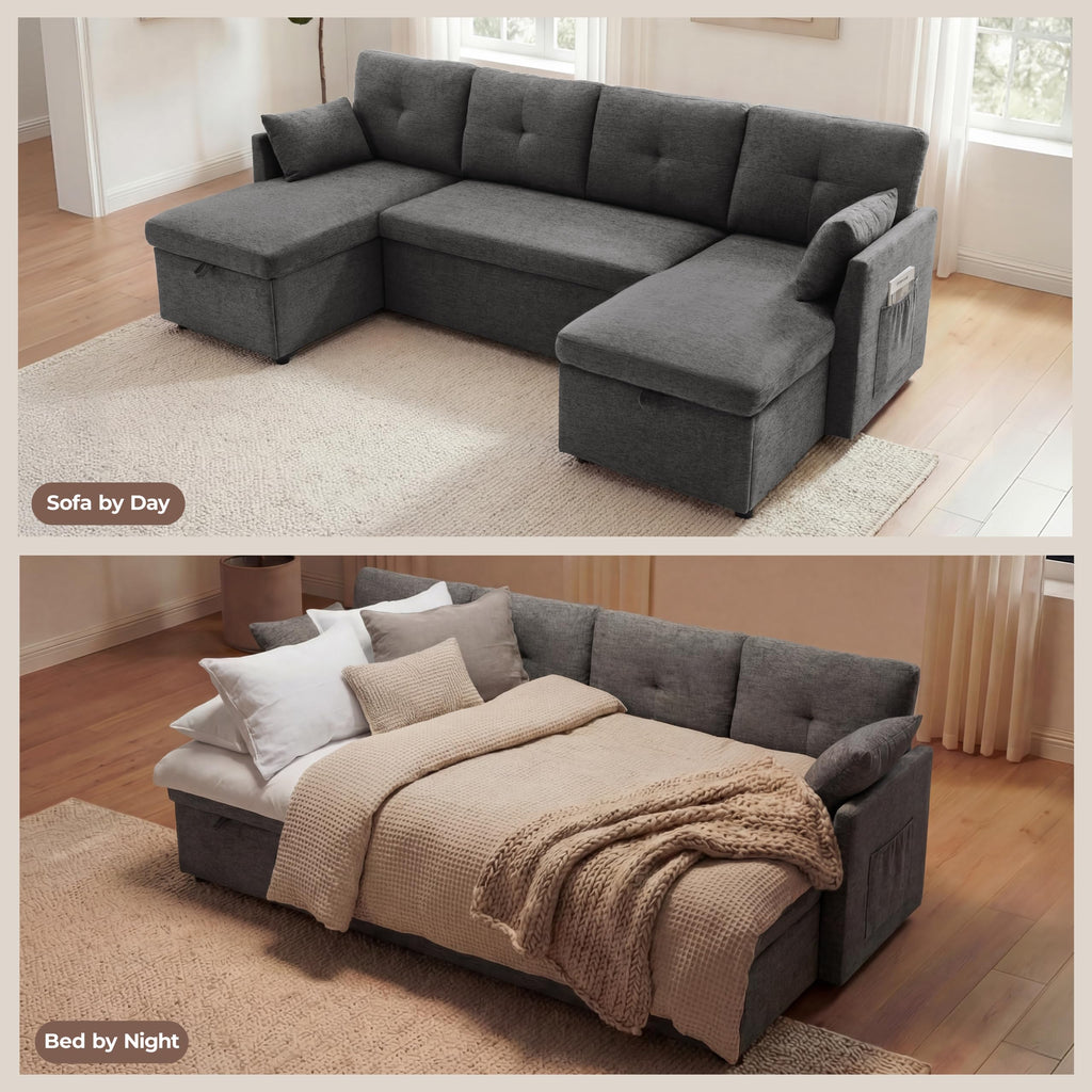 100" Sleeper Sofa Couch, Sectional Sofa Bed, Dark Grey