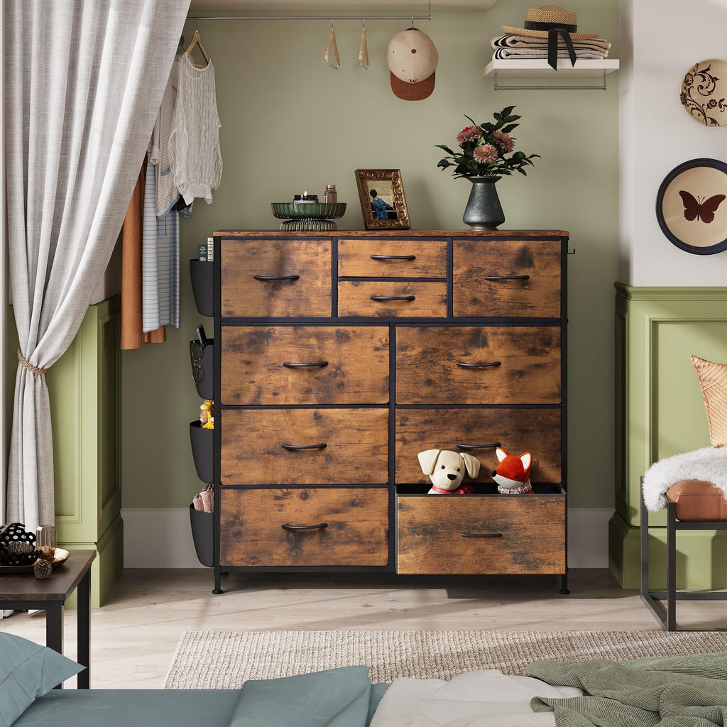 10 Drawer Fabric, Side Pocket Chest, Rustic Brown