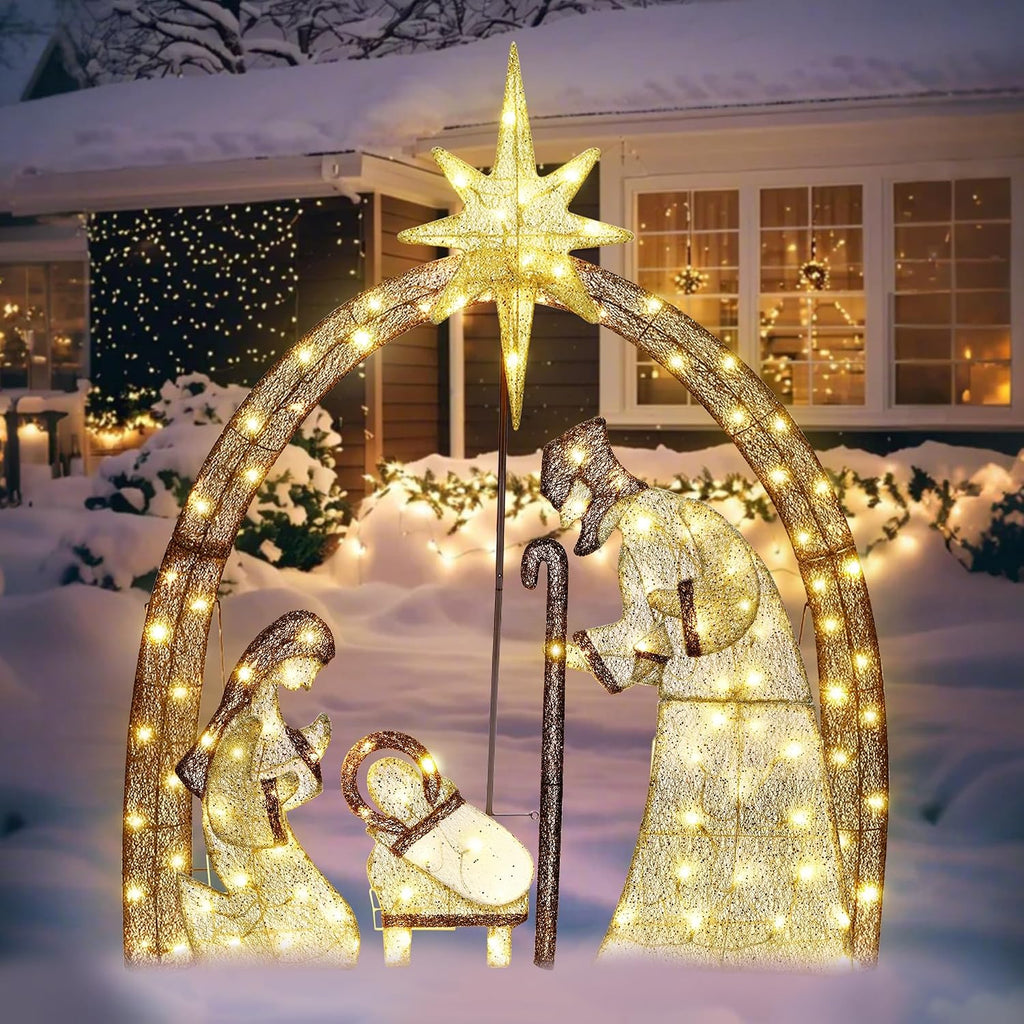4.5FT Christmas Outdoor Decorations, Lighted Outdoor Nativity Set with 115 LED Lights, Holy Family Nativity Scene
