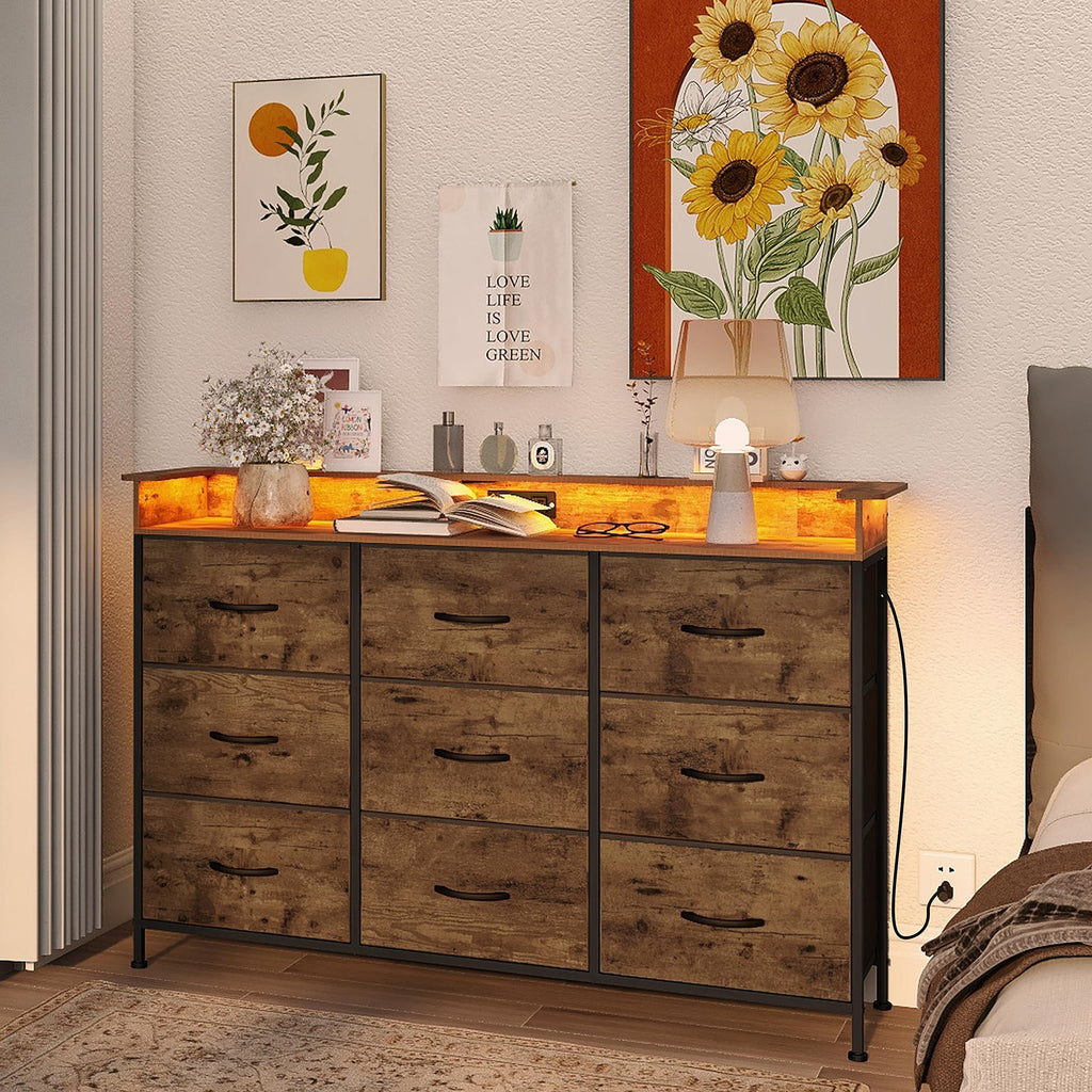 Industrial Dresser with Charging Station and LED Light Fabric Storage Dresser with 9 Fabric Drawers Chest of Drawers
