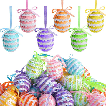 Easter Hanging Sequin Eggs, 1.6" Stripes Easter Eggs Ornaments with Bow, Glitter Spring Hanging Egg Tree - Set of 30