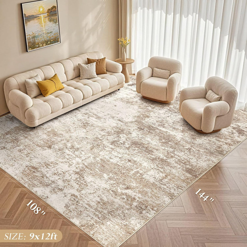 Area Rug Living Room - 9X12 Abstract Washable Large Soft Foldable Non Slip Rug Neutral Modern Low Pile Carpet