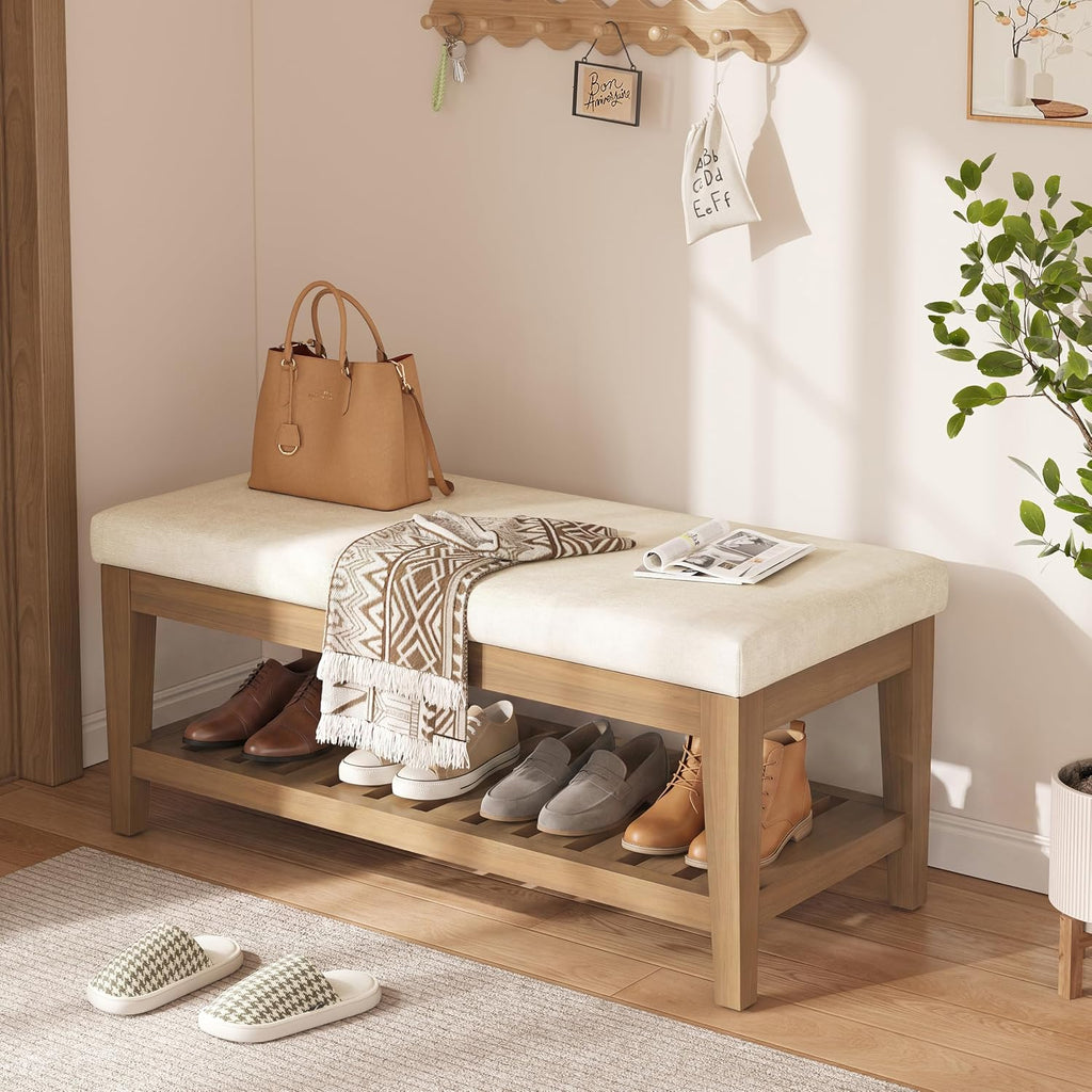 45" Shoe Rack Bench with Cushion, Solid Rubberwood Entryway Bench with Shoe Storage, Modern Chenille Upholstered Shoe