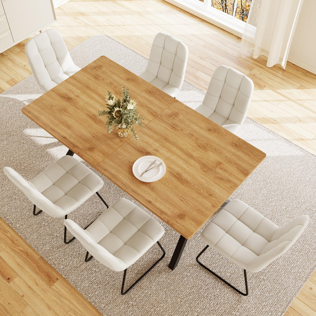 7-Piece Dining Table Set for 6 People, 63" MDF Kitchen Table with 6 Upholstered Chairs, Metal Legs (Oak Table+6
