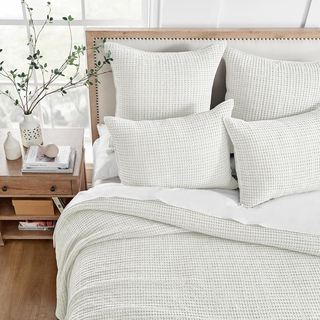 King Bedspread Set (122x106in) with 2 Pillow Shams (36x20in) - Cream - Cotton Waffle King Bedspread Set