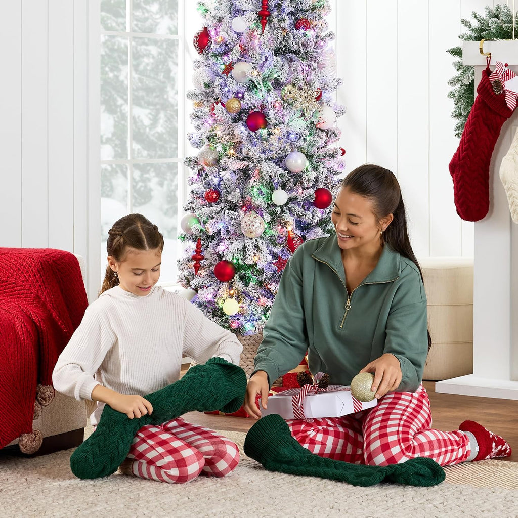 Flocked Pencil Christmas Tree, Pre-Lit Slim Artificial Holiday Decoration, 2-in-1 White & Multicolor Lights