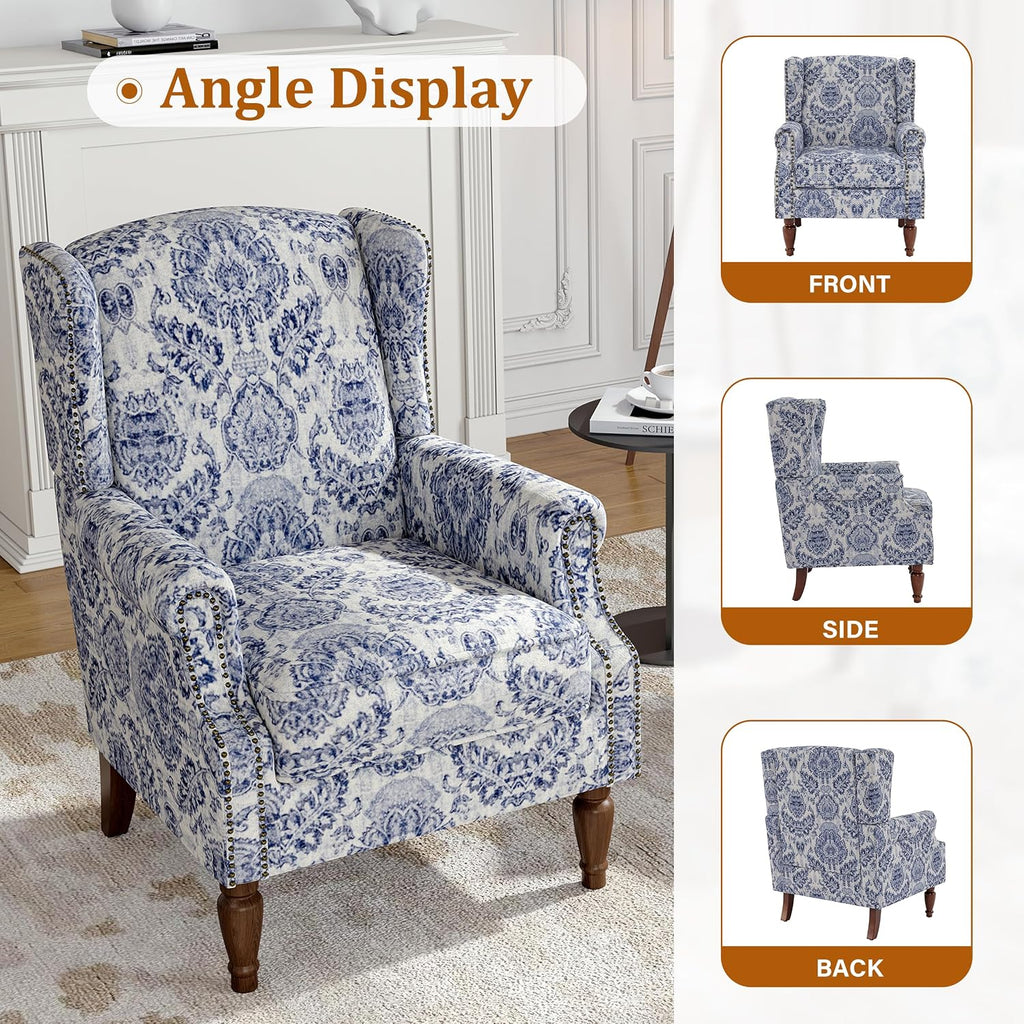 Wingback Accent Chairs Set of 2, High Back Armchair , Navy | Ergonomic Design | Linen Fabric | High-Resilient Foam