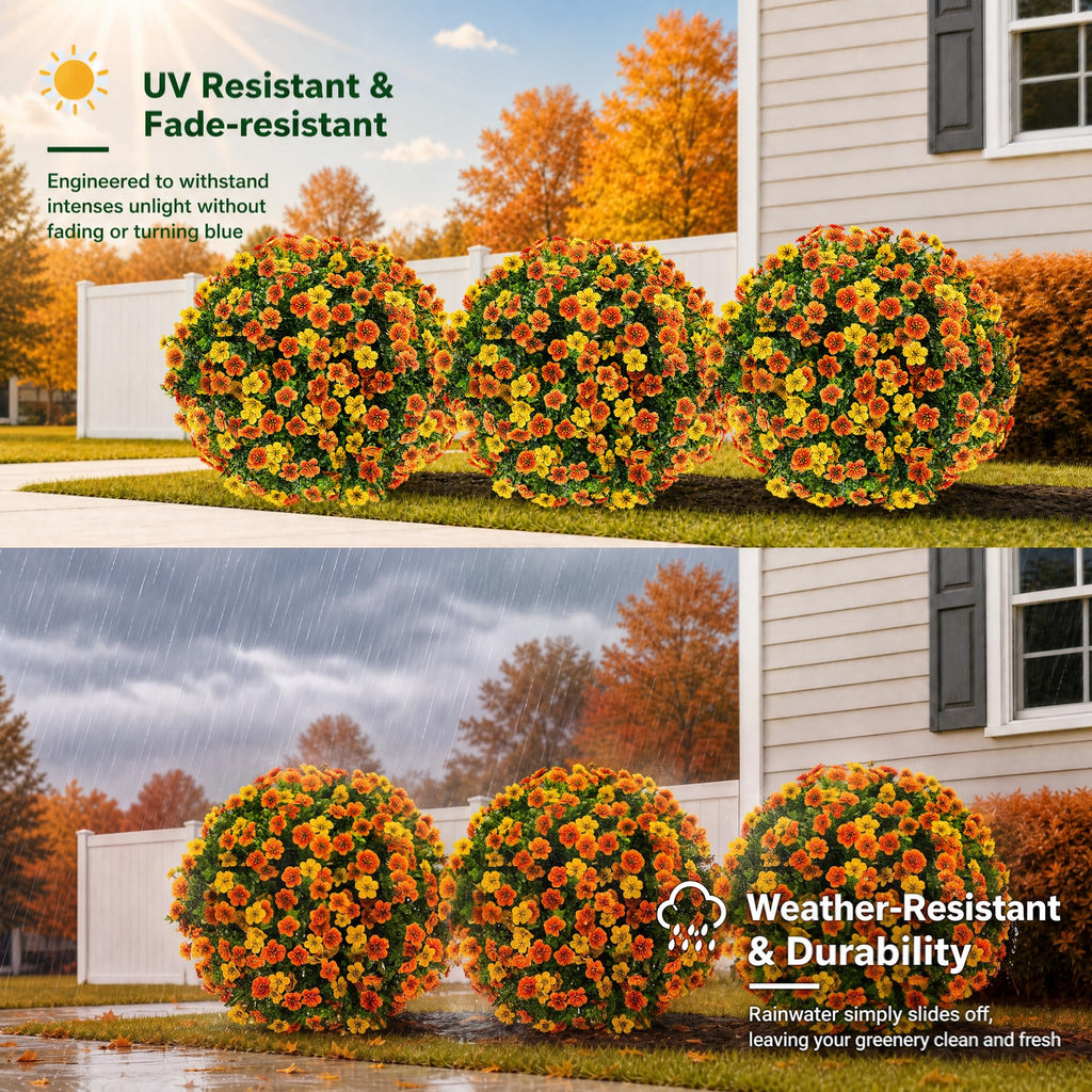 27.5" Fall Artificial Topiary Ball Flowers, Set of 2 Fake Bushes Shrubs with Ground Spike, UV Resistant Faux