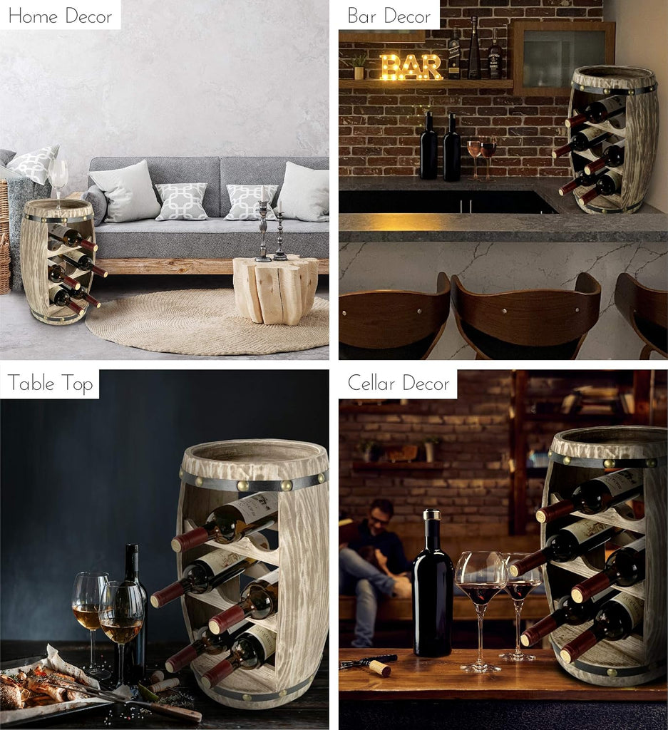 Modern Alexander Wine Rack - Freestanding Wooden Barrel Wine Holder for 8 Wine Bottles, Bottle Rack Floor Stand