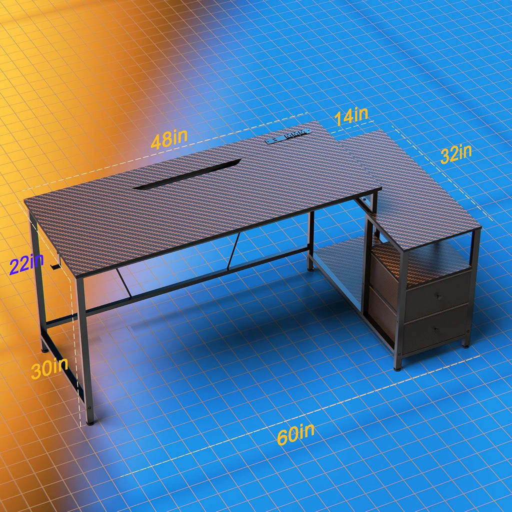 60Inch Gaming Desk Computer Desk Cable Management Carbon Fiber Texture Desk Corner Computer Desk Flip-up Computer