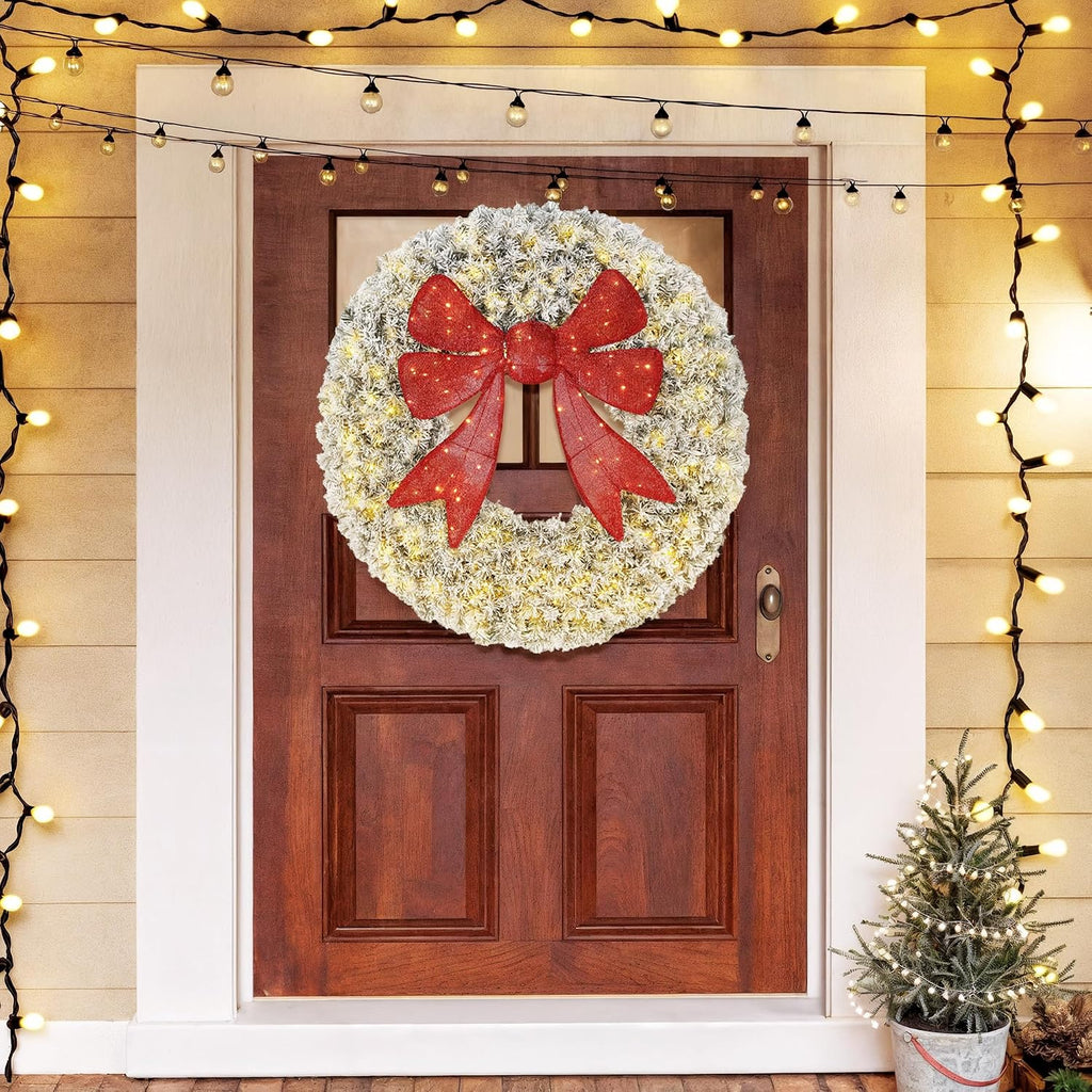 36in Flocked Pre-Lit Artificial Christmas Wreath with 3D Red Bow