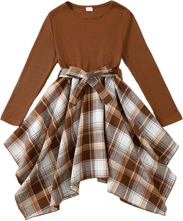 Girls Fall Dress Long Sleeve Casual Plaid Irregular Dresses
