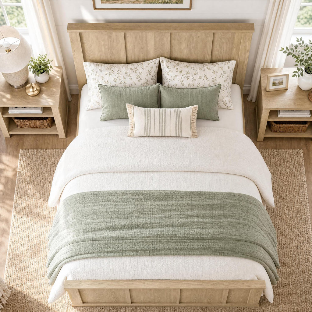 Farmhouse Bed Frame with 50" Tall Headboard, Natural Oak