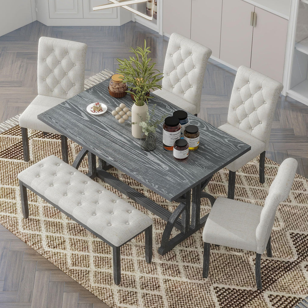 Farmhouse 6-Piece Wood Dining Table Set, 60'' Modern Rectangular Kitchen Table Set with 4 Upholstered Chairs & 1