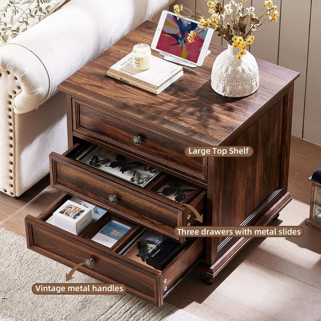 24" Wide Farmhouse Night Stand Set of 2, Large End Table with 3 Drawers & Metal Handle, Brown Wood Dresser Cabinet, Bed