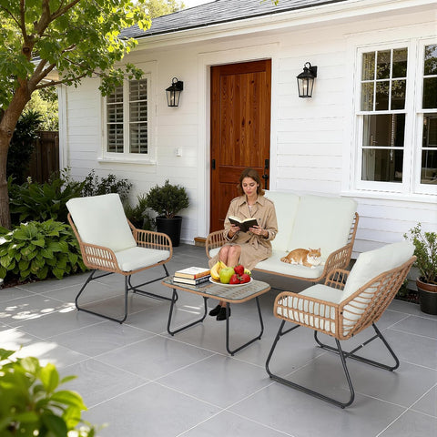 4 Pieces Outdoor Patio Furniture Set,Patio Conversation Set,Rattan Wicker Bistro Sets with Loveseat Chairs and