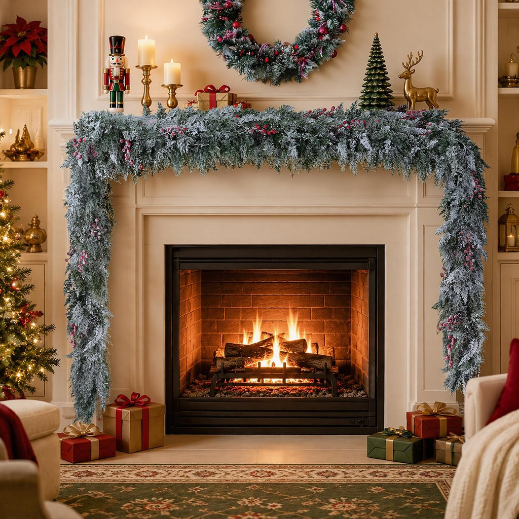 9FT Christmas Cedar Garland Flocked with Artificial Pine Cones Red Berries, Real Touch Faux Greenery Winter Frosted