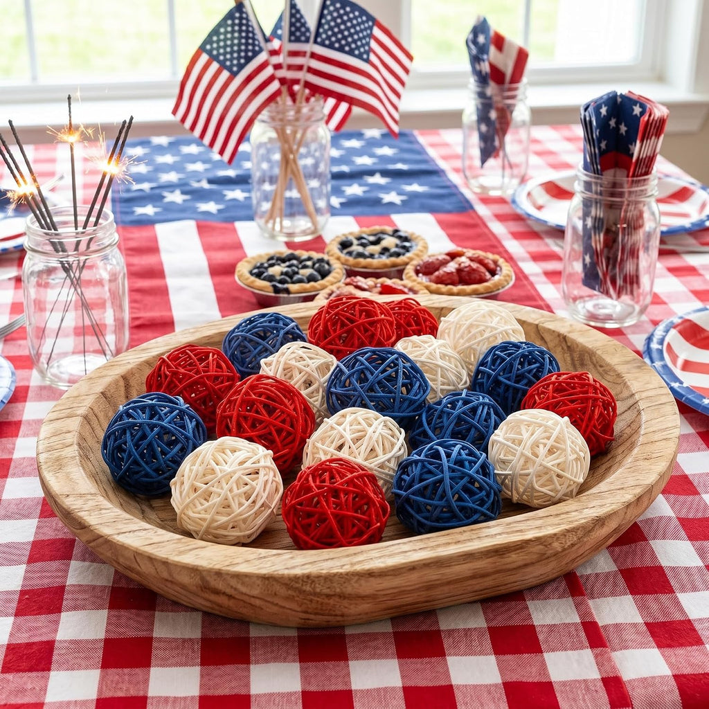 4th of July Decorations Rattan Balls, Patriotic Vase Bowl Filler - Set of 18