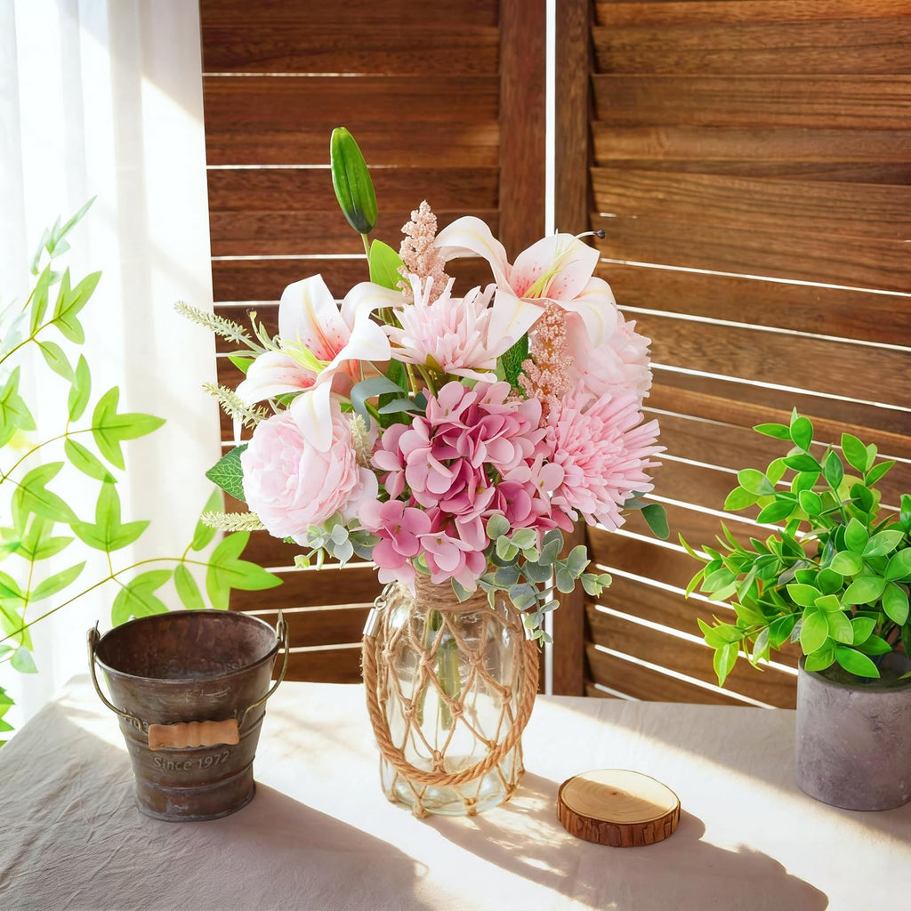 Fake Flowers with Vase -Hydrangea & Lily Artificial Floral Arrangement