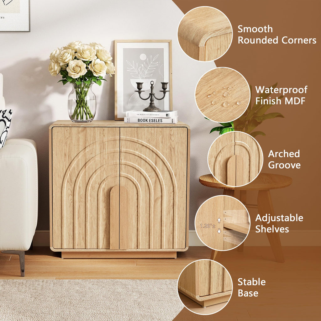 Storage Cabinet with Arched Fluted Door Design, 2 Door Modern Accent Sideboard Buffet Cabinet with Rounded Edges