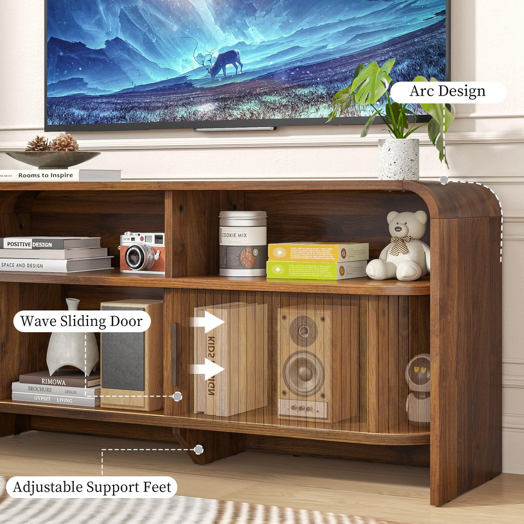 Small TV Stand, Low Fluted TV Console for 40 43 Inch, Mid Century Modern Entertainment Center with Sliding Doors