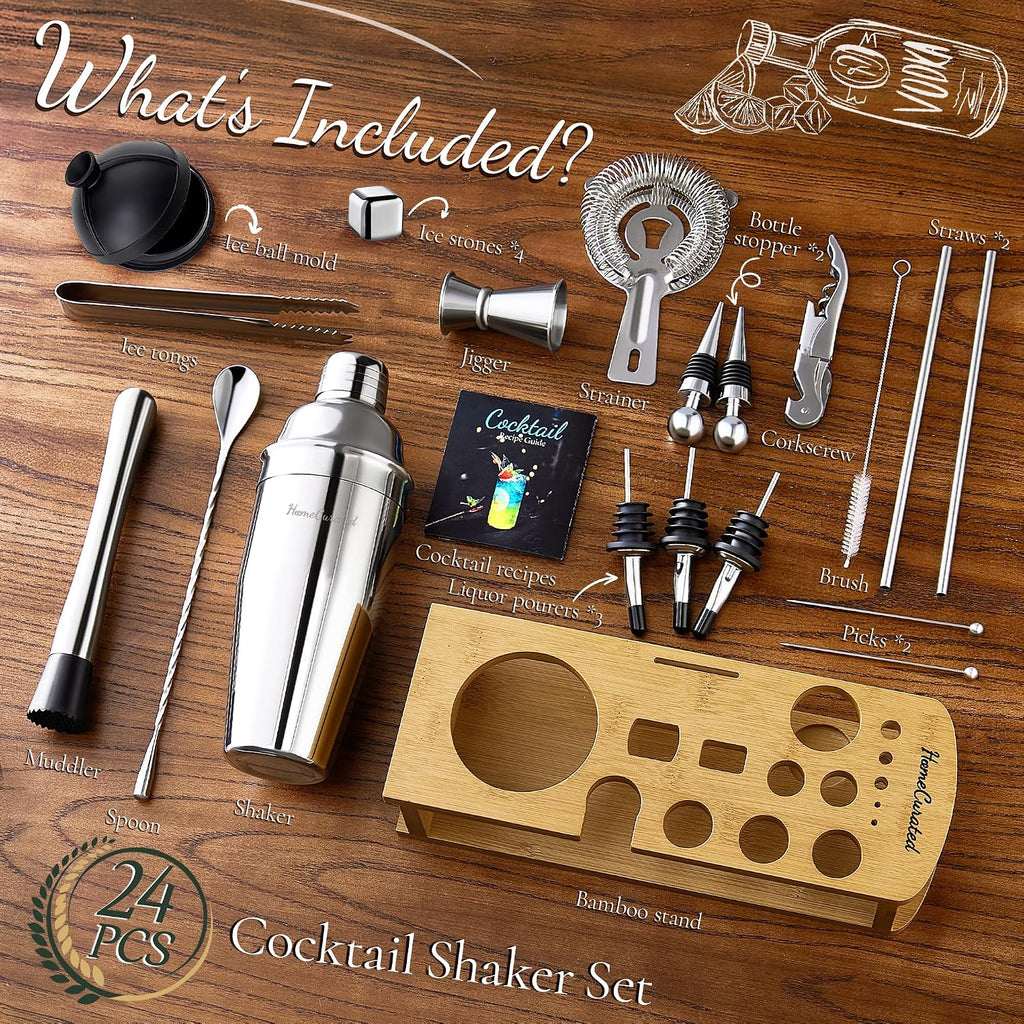 Cocktail Shaker Set,24-Piece Bartender Kit - Complete Bartending Kit Bar Set with Stand,Drink Shaker & Mixer - Set of 24