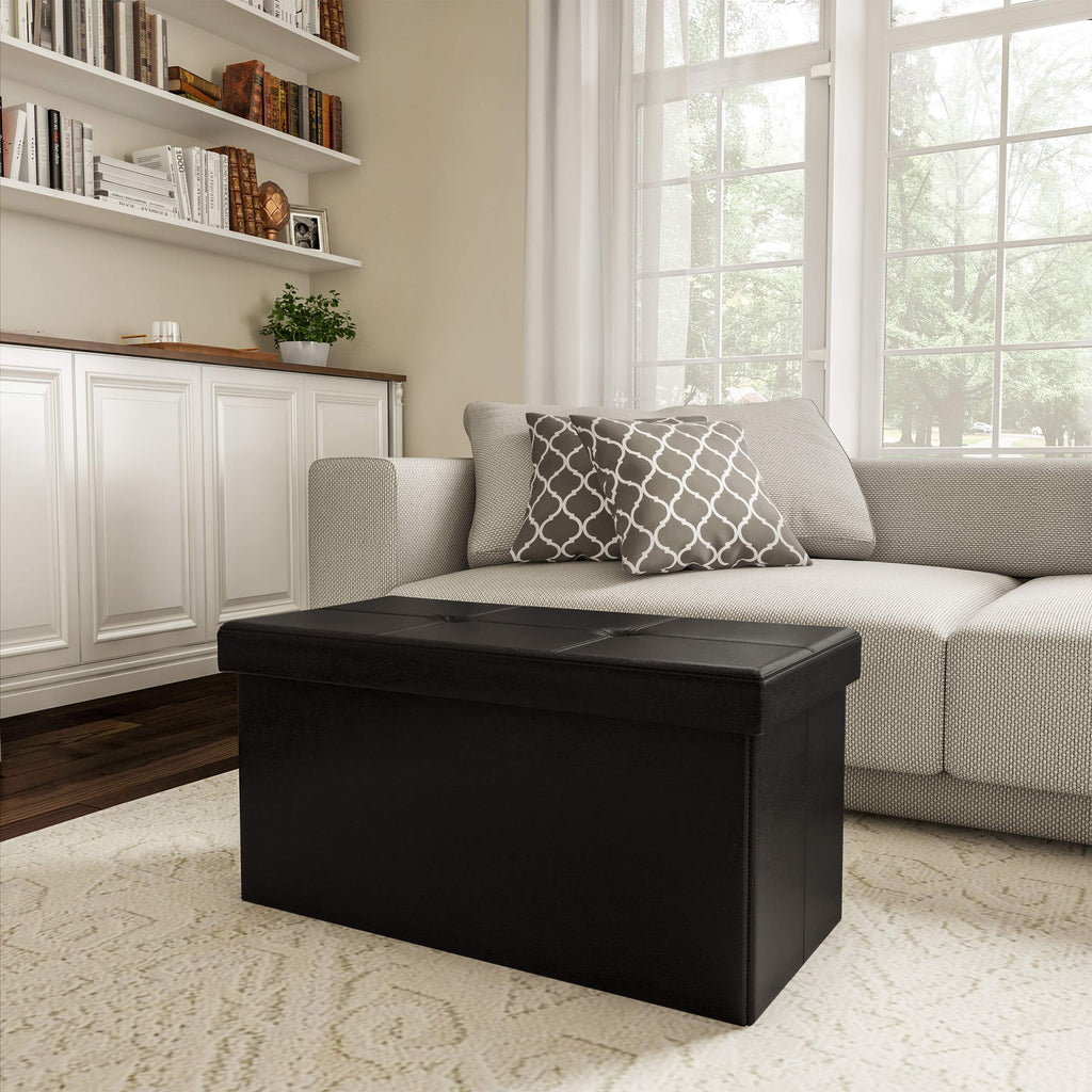 Storage Ottoman - 30-Inch Folding Faux Leather Footrest, Linen Chest, or Bench with Removable Bin by (Black)