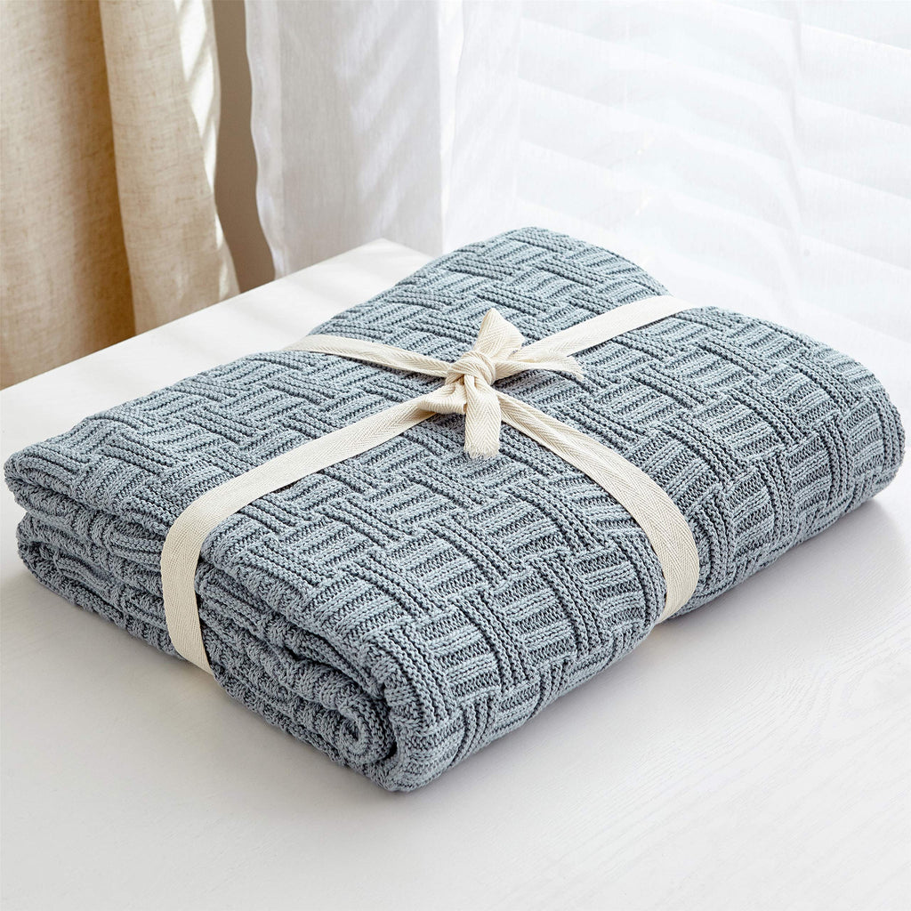 Large Grey Blue Cotton Knit Throw Blanket for Couch Sofa Bed - Home Decorative Soft Cozy Sweater Woven Fall Cable