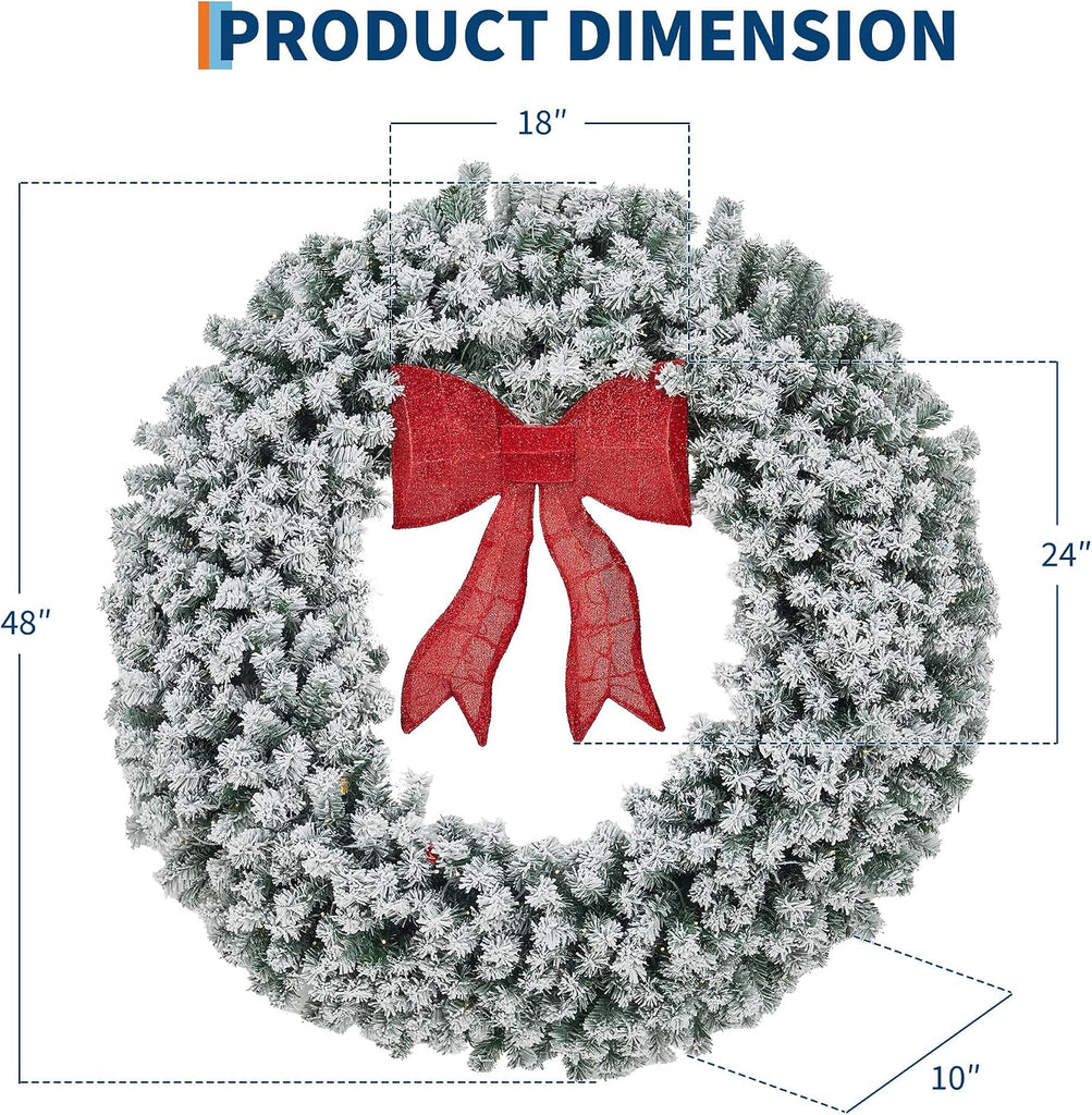 48-Inch Pre-Lit Flocked Artificial Christmas Wreath with Red Bow & Warm White LED Lights - Weather-Resistant PVC