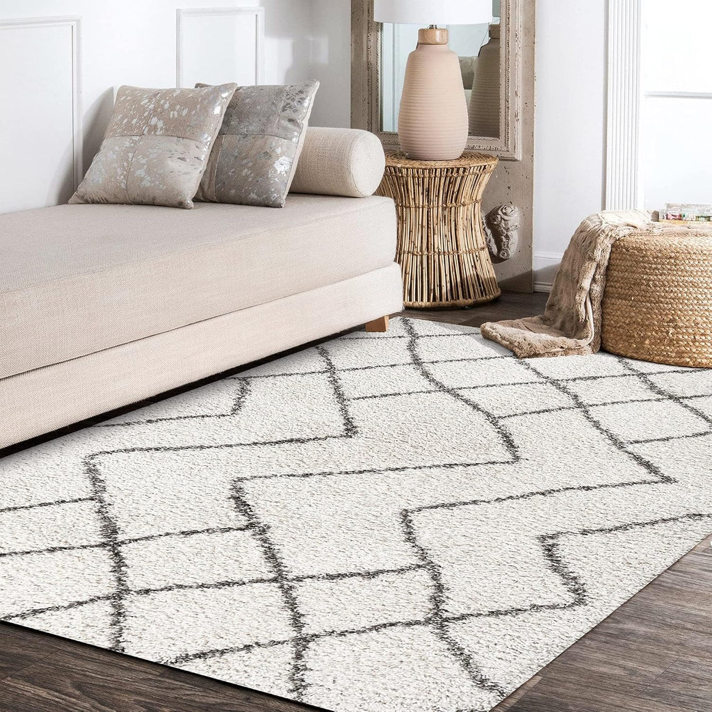 Diamond Shag Beige/Dark Gray Indoor Area Rug, Inca Moroccan, Easy-Cleaning, High Traffic, Pet-Friendly