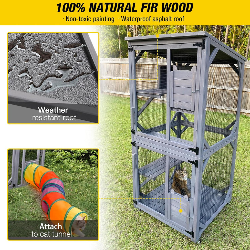 Cat House Outdoor Cat Catio Wooden Large Enclosure with Run on Wheels 70.9" Upgraded Version Catio with Reinforcement